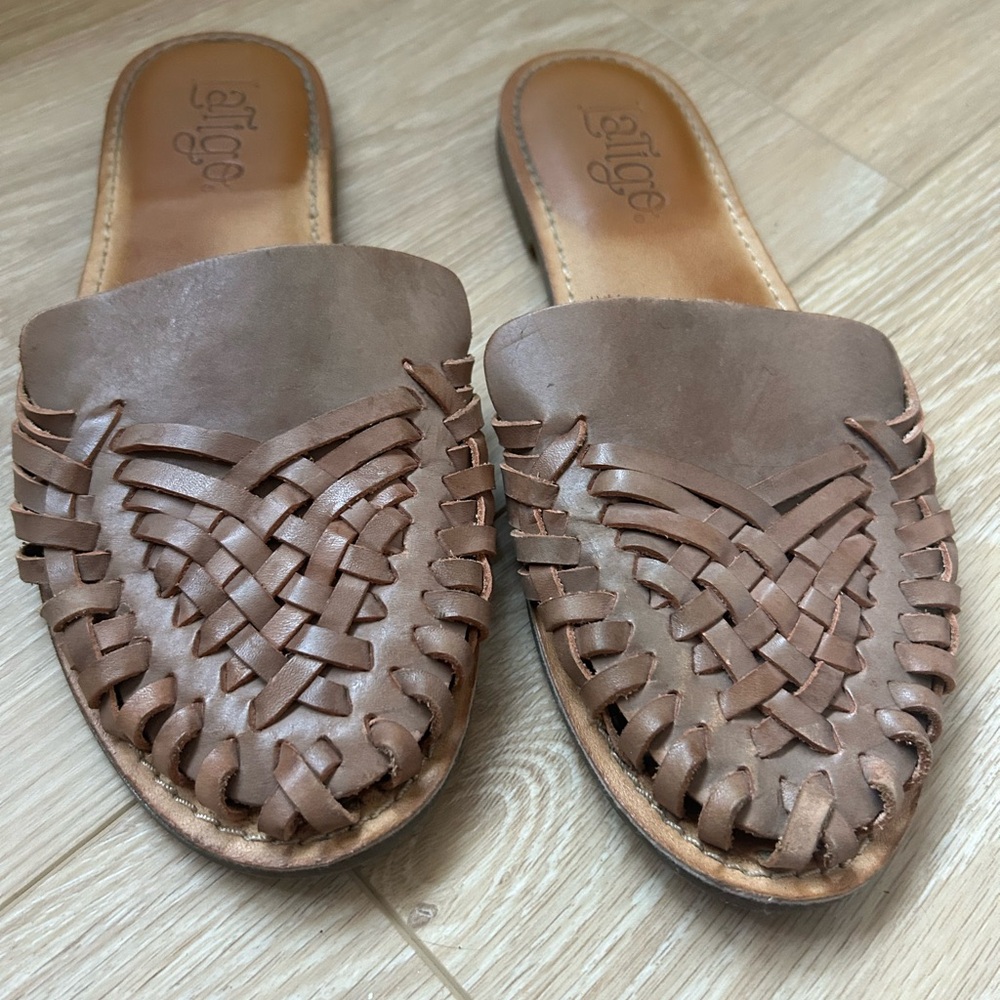 Tan slide on weaved moccasins